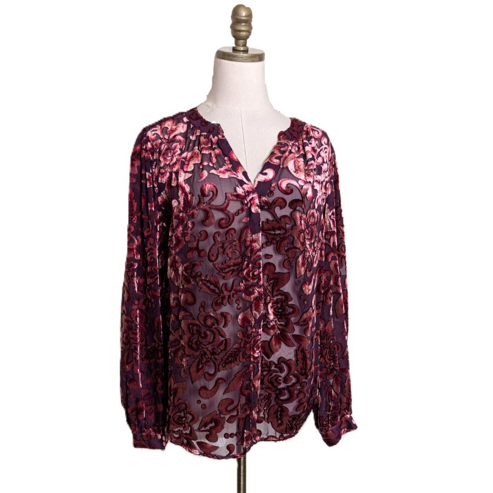 Chicos Velvet Burnout Blouse Size XL 3 Burgundy Long Sleeve Whimsigoth Victorian - Picture 2 of 6